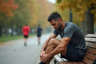 Coureur tenant son mollet douloureux assis sur un banc de parc après une contracture musculaire