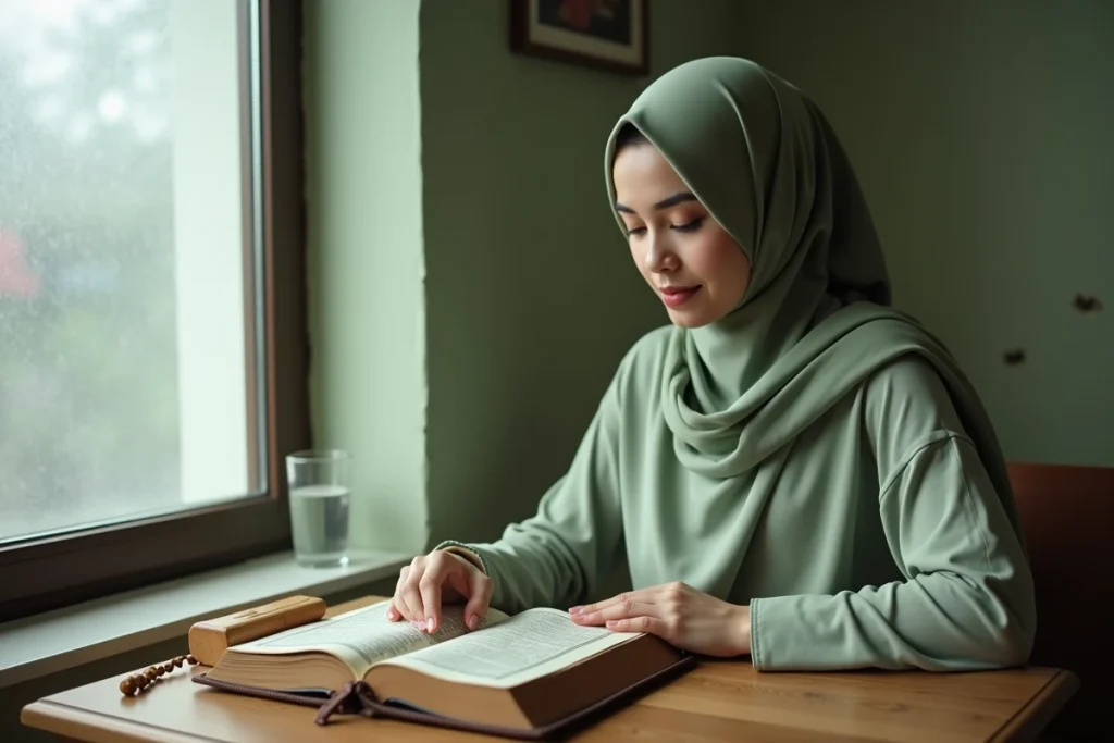 Femme en hijab vert récitant des sourates protectrices du Coran posé sur un rehal en bois