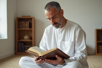 Homme en tenue blanche lisant le Coran sur un tapis de prière, sourates de protection islamique