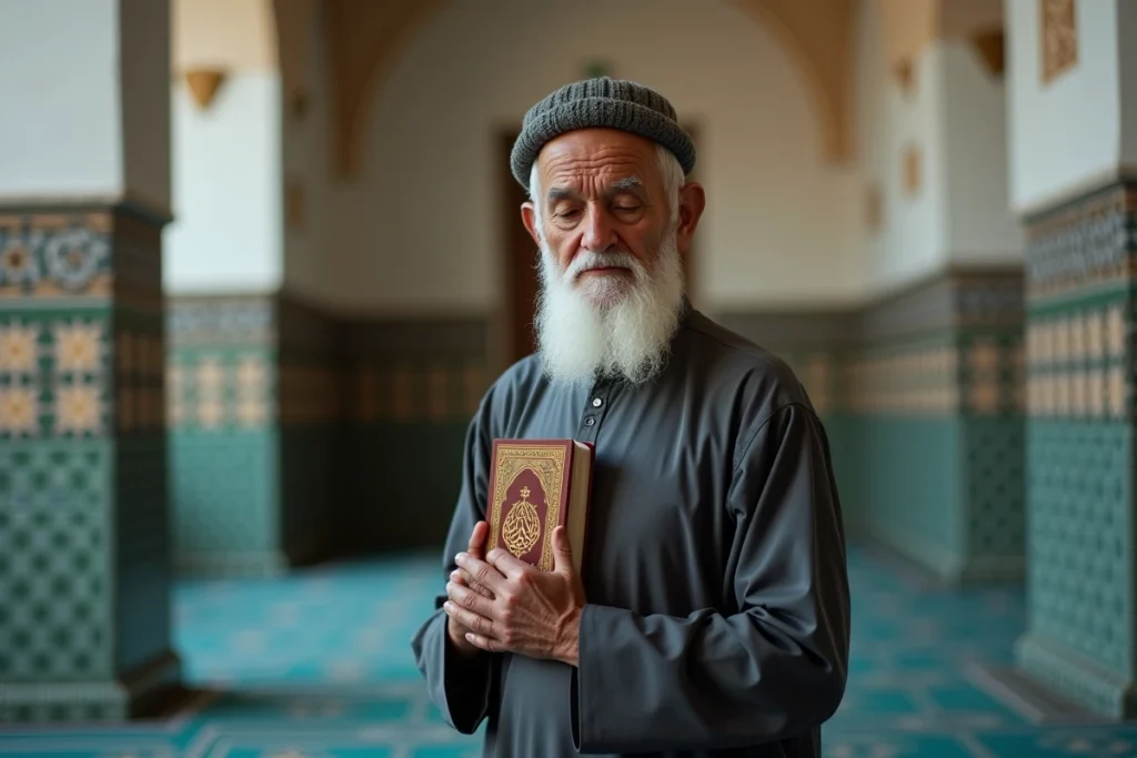 Vieil homme tenant le Coran contre sa poitrine dans une mosquée, lecture de sourates de protection