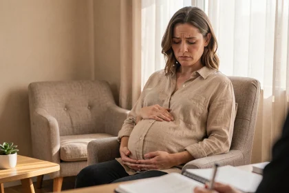 Femme enceinte en séance de soutien psychologique pour anxiété prénatale, assise dans un fauteuil dans un cabinet de thérapeute apaisant