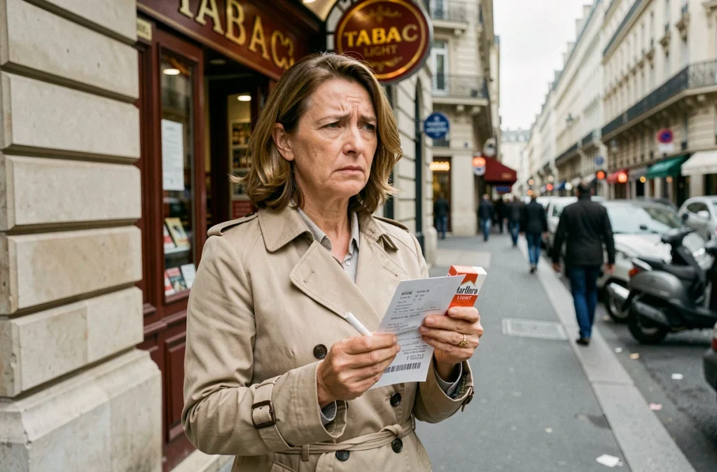 Femme tenant un paquet de Marlboro Light et un ticket de caisse devant un bureau de tabac parisien, symbolisant le coût croissant des cigarettes en 2026
