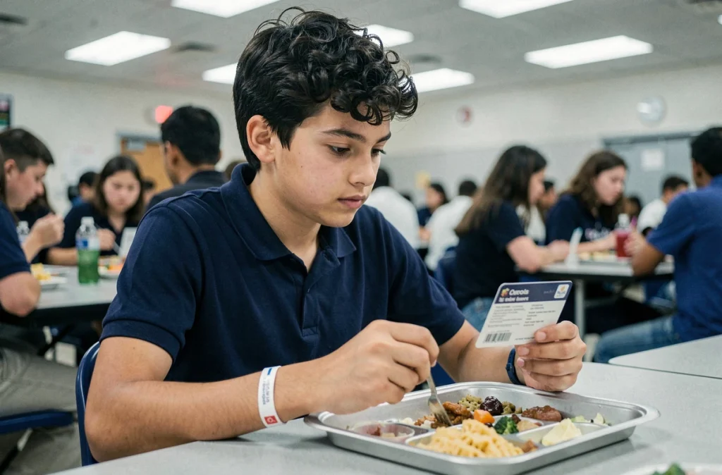 Adolescent allergique hésitant devant son plateau repas à la cantine scolaire avec un bracelet d'alerte médicale