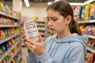 Adolescente lisant attentivement les étiquettes alimentaires dans un supermarché pour vérifier les allergènes