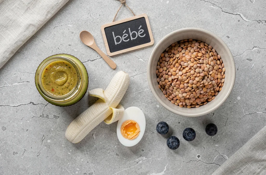 Vue du dessus d'aliments recommandés pour le développement du bébé : purée, avocat, banane et légumineuses