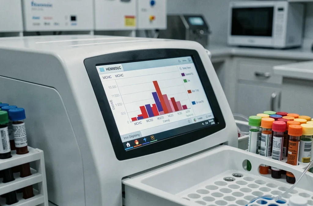 Analyseur hématologique automatisé affichant les paramètres CCMH et carence en fer sur écran
