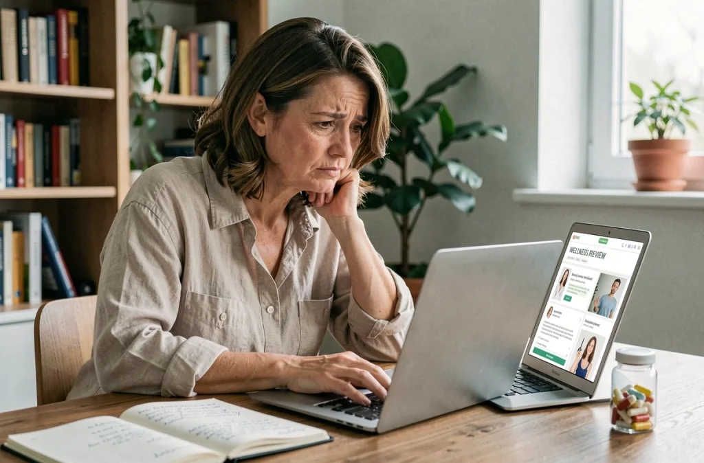 Femme consultant des avis en ligne sur un forum de perte de poids avec des compléments IT Works posés sur son bureau