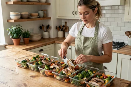 Femme préparant des repas équilibrés en batch cooking avec légumes rôtis et poulet dans des boîtes en verre