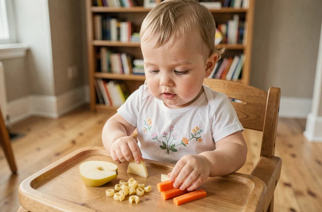 Bébé de huit mois pratiquant l'alimentation autonome avec des morceaux de fruits et légumes mous