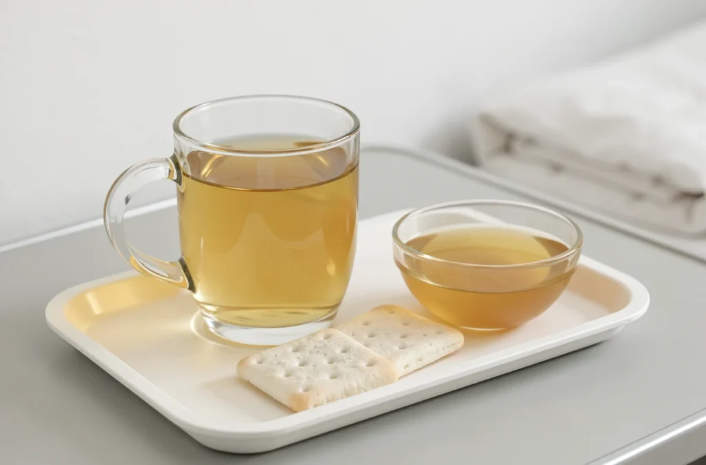 Bouillon clair, crackers et jus de pomme filtré sur un plateau pour le régime liquide avant coloscopie