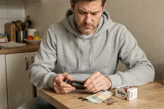Homme tenant un portefeuille vide à côté d'un paquet de cigarettes Marlboro Light sur une table de cuisine, illustrant l'impact budgétaire du tabac en 2026