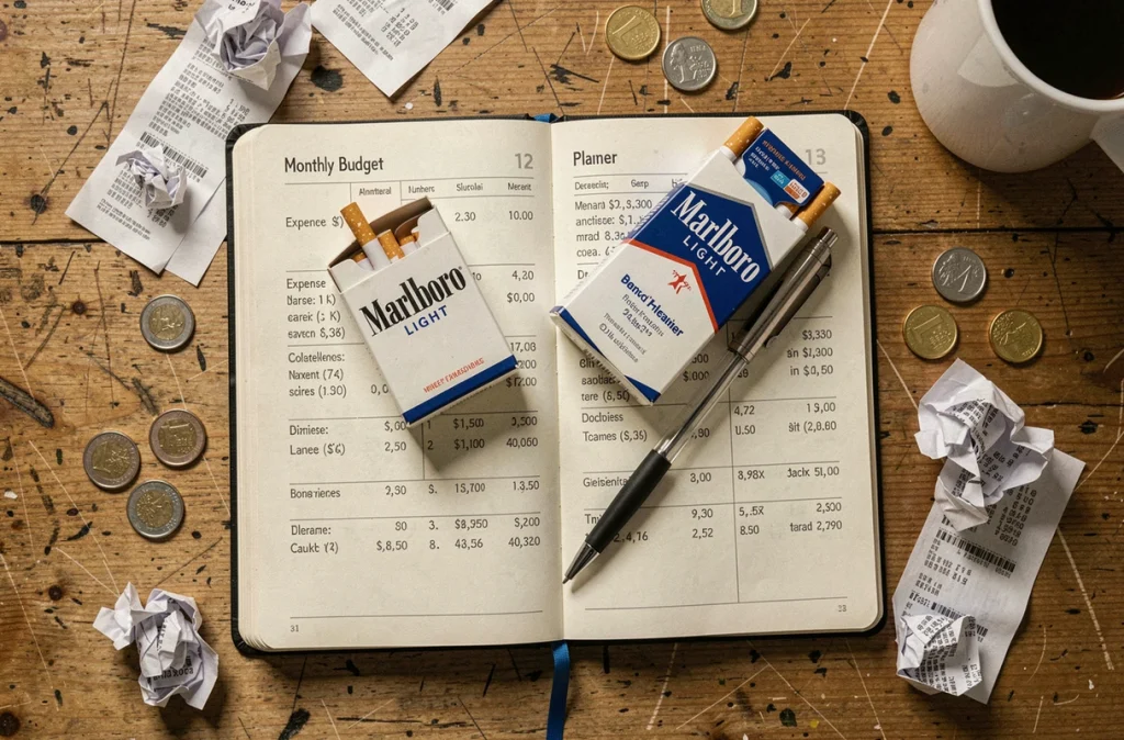 Vue aérienne d'un carnet de budget mensuel ouvert avec un paquet de Marlboro Light et des pièces en euros, représentant le calcul des dépenses liées au tabac
