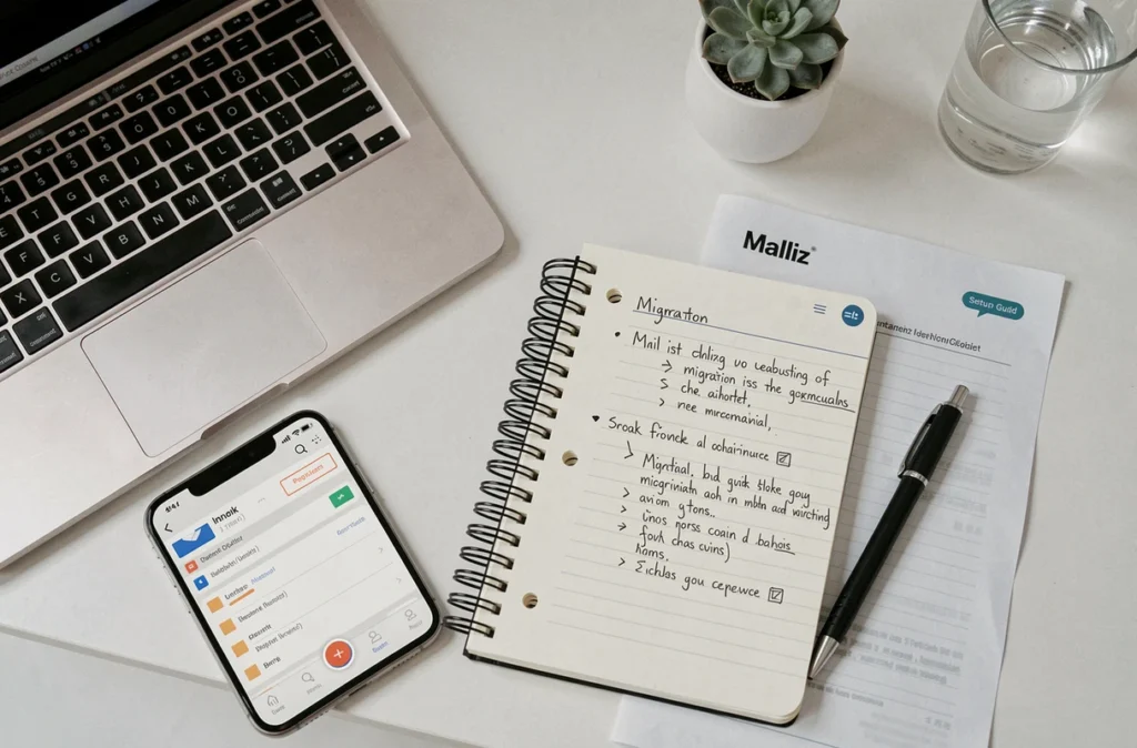 Vue aérienne d'un bureau avec guide de migration Mailiz, smartphone et notes manuscrites