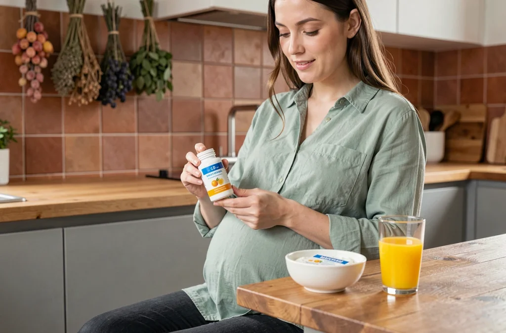 Femme enceinte lisant l'étiquette d'un complément de vitamine D à la cuisine, avec jus d'orange et yaourt enrichi sur la table