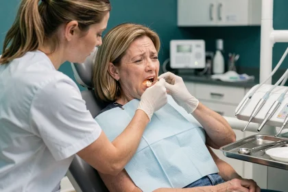Femme diabétique en consultation dentaire, examinée par une dentiste dans un cabinet moderne
