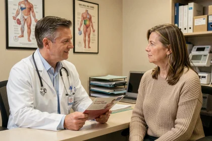 Médecin expliquant l'importance du dépistage du cancer colorectal à une patiente lors d'une consultation médicale