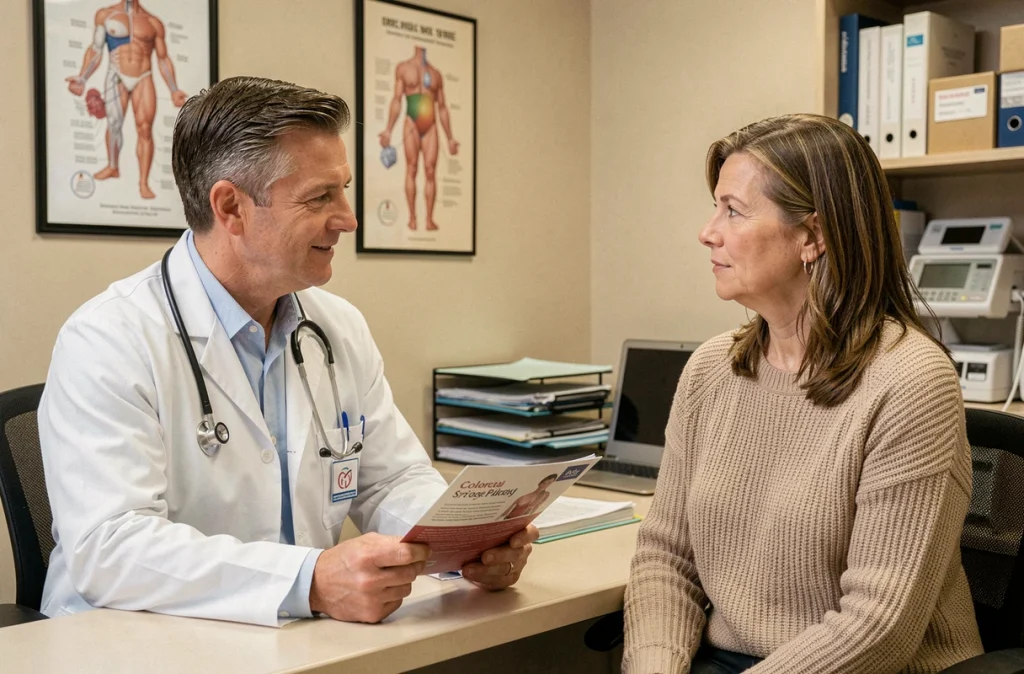 Médecin expliquant l'importance du dépistage du cancer colorectal à une patiente lors d'une consultation médicale