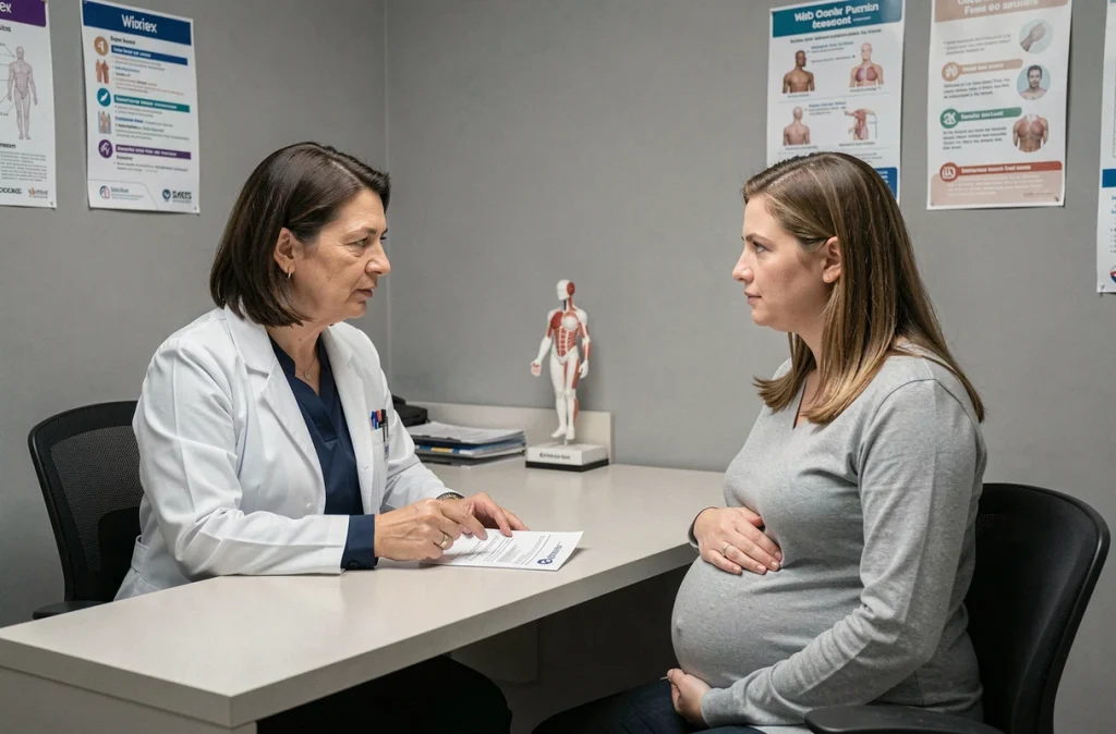 Gynécologue expliquant les risques des médicaments à une patiente enceinte lors d'une consultation médicale
