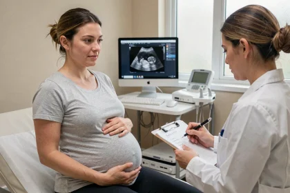 Femme enceinte au premier trimestre lors d'une consultation médicale avec sa gynécologue dans un cabinet moderne