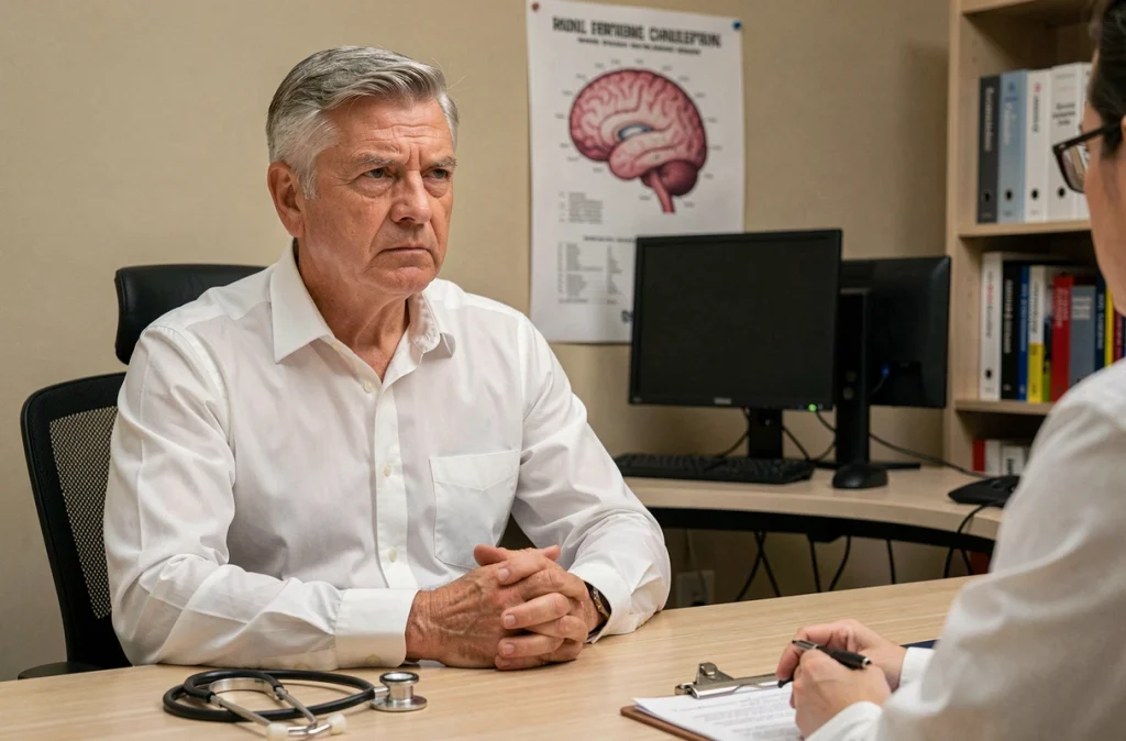 Patient âgé en consultation neurologique, visage peu expressif évoquant l'hypomimie, signe précoce de la maladie de Parkinson