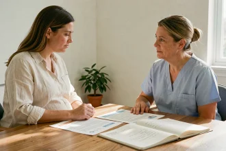 Une femme enceinte et une sage-femme discutent ensemble du plan de naissance autour d'une table avec des documents dans une salle de consultation