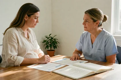 Une femme enceinte et une sage-femme discutent ensemble du plan de naissance autour d'une table avec des documents dans une salle de consultation