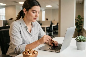 Femme au bureau qui grignote des noix et amandes comme coupe-faim naturel pendant sa journée de travail