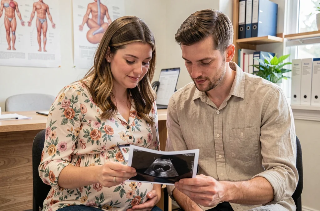 Couple attendant un bébé regardant ensemble une photo d'échographie lors d'une consultation prénatale