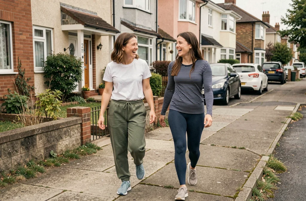 Deux femmes trentenaires marchant ensemble dans un quartier résidentiel calme, illustrant les bienfaits de la marche quotidienne sur le contrôle du poids