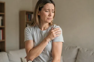 Femme appuyant sa main sous l'aisselle gauche avec une expression de douleur légère, illustrant une douleur sous l'aisselle sans bosse apparente