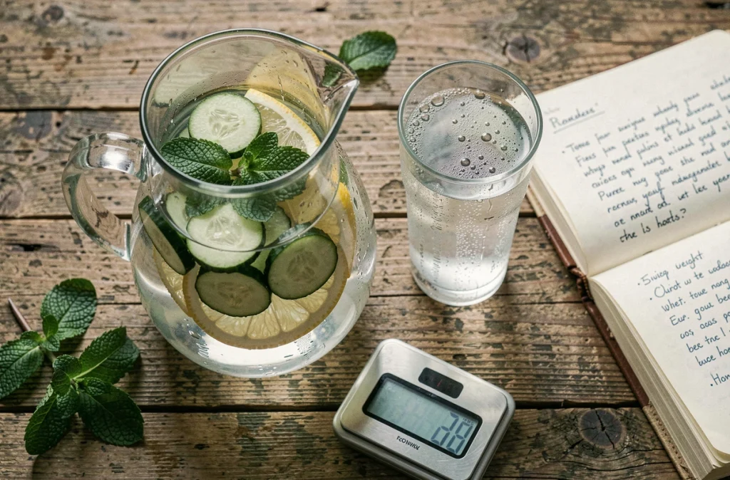 Carafe d'eau infusée aux concombres et citron sur une table en bois avec carnet de suivi du poids