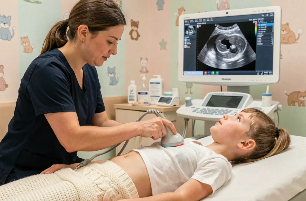 Échographie abdominale pédiatrique réalisée par une échographiste dans une salle de consultation hospitalière pour enfants, alternative au scanner
