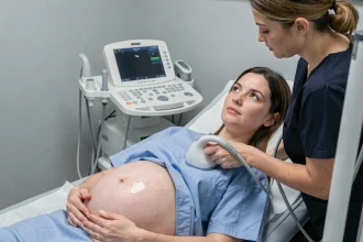 Femme enceinte allongée lors d'une échographie obstétricale avec une sage-femme appliquant une sonde sur le ventre