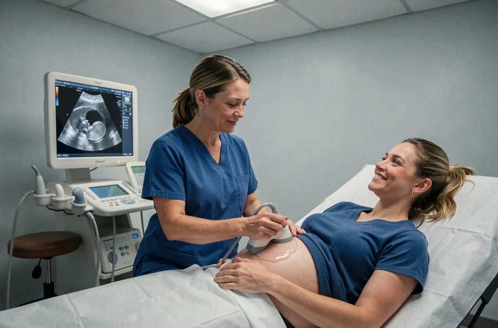 Échographie obstétricale du premier trimestre montrant une sage-femme et une femme enceinte regardant le moniteur ultrason ensemble
