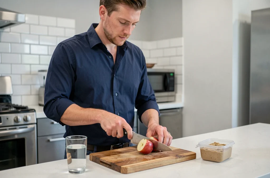 Homme en salle de pause au bureau préparant une pomme et du houmous comme encas coupe-faim sain