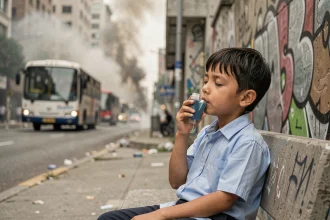 Jeune garçon utilisant un inhalateur pour l'asthme dans un environnement urbain pollué