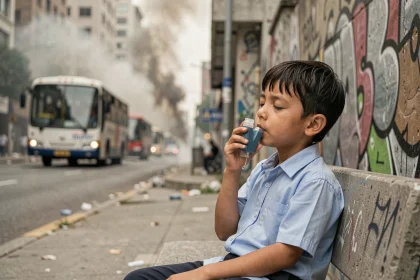 Jeune garçon utilisant un inhalateur pour l'asthme dans un environnement urbain pollué