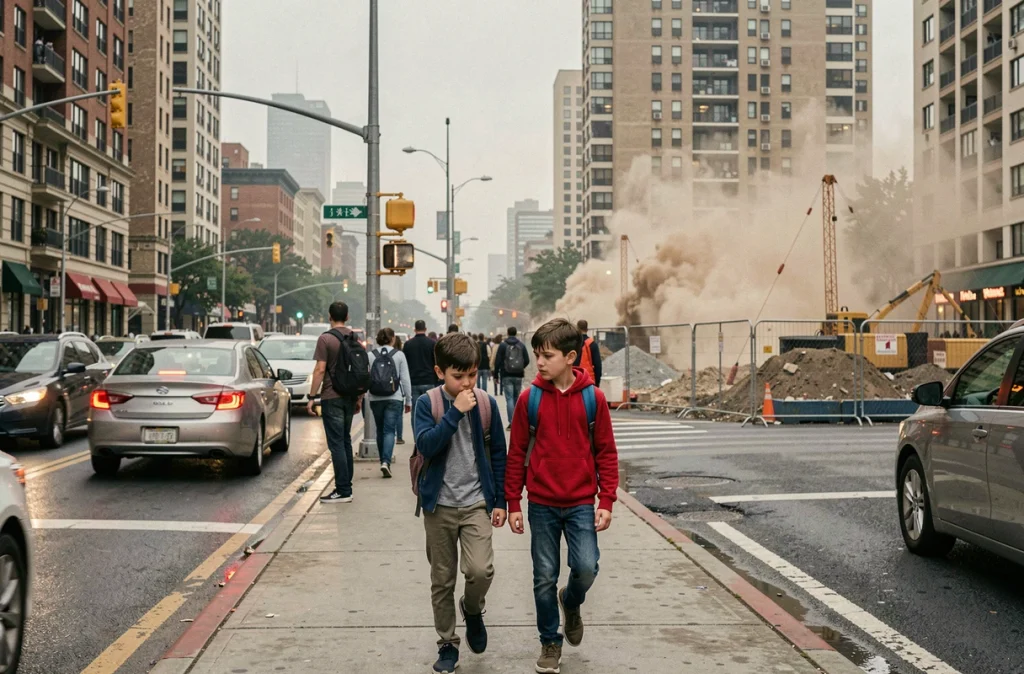 Enfants exposés à la pollution atmosphérique urbaine sur un trottoir de ville