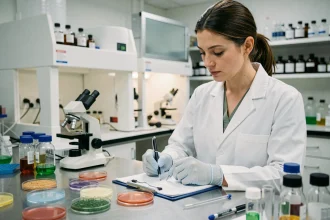 Épidémiologiste analysant des cultures bactériennes en laboratoire de biosécurité pour surveiller les maladies infectieuses émergentes
