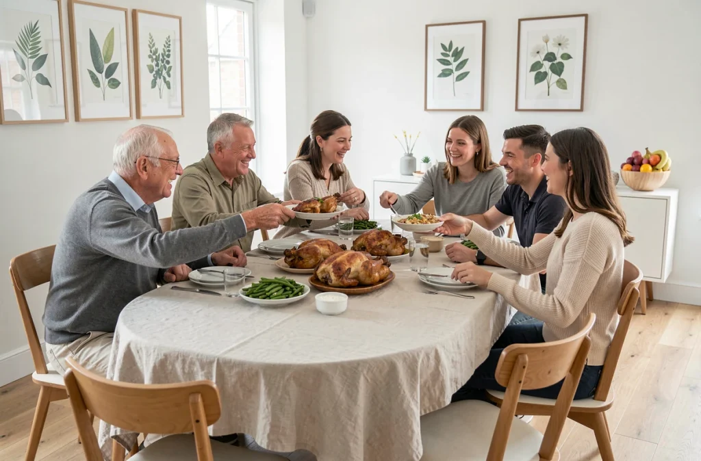 Famille multigénérationnelle partageant un repas équilibré autour d'une grande table dans une salle à manger contemporaine