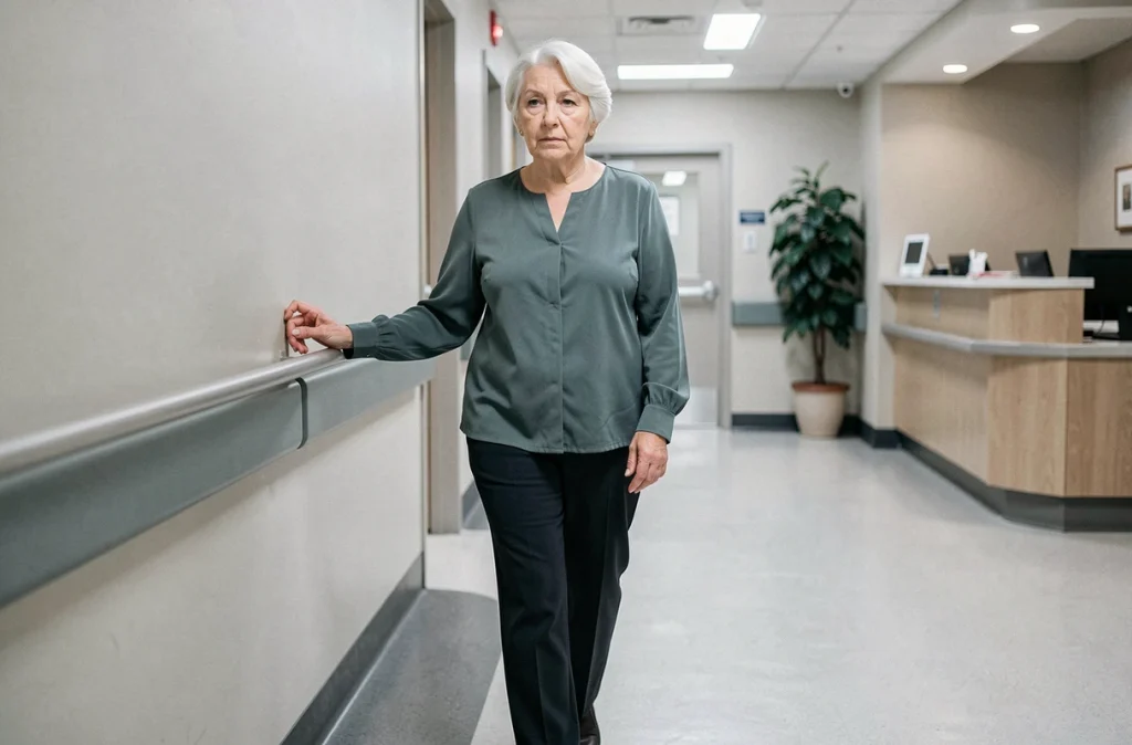 Femme âgée marchant prudemment dans un couloir d'hôpital, posture caractéristique des premiers symptômes de la maladie de Parkinson