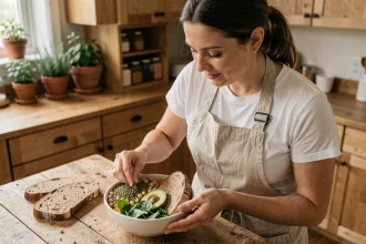 Femme préparant un bol riche en fibres avec légumineuses, avocat et légumes verts dans une cuisine naturelle en bois