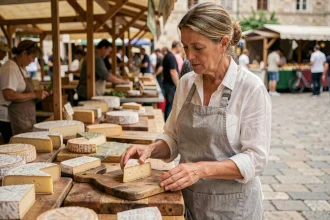 Femme d'âge mûr examinant des fromages artisanaux au marché, illustrant le choix de fromages adaptés au diabète et au surpoids