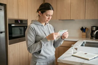 Femme lisant l'étiquette d'un complément alimentaire IT Works dans une cuisine moderne avec un journal alimentaire sur le comptoir