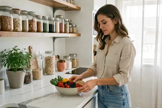 Femme préparant un bol de fruits frais et légumes dans une cuisine moderne pour réduire sa consommation de sucre au quotidien