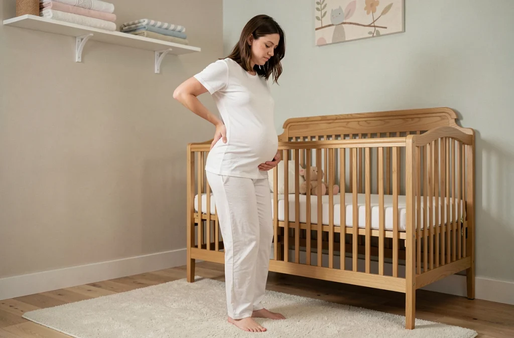 Femme enceinte fatiguée arrangeant le berceau dans la chambre de bébé, illustrant les perturbations du sommeil liées à la grossesse