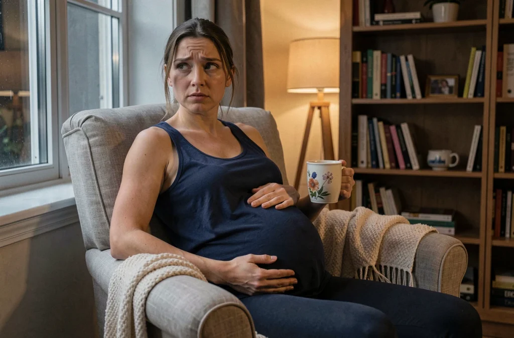 Femme enceinte réveillée la nuit, assise dans un fauteuil avec une tasse de tisane, illustrant les insomnies pendant la grossesse