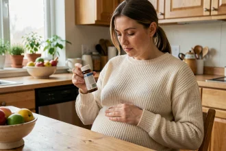 Femme enceinte lisant attentivement la notice d'un médicament dans sa cuisine, main posée sur le ventre