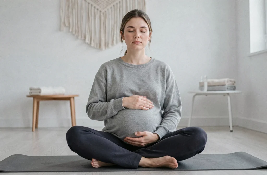 Femme enceinte pratiquant une séance de pleine conscience pour réduire l'anxiété prénatale dans un espace de bien-être thérapeutique