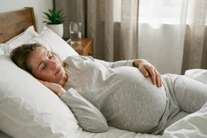Femme enceinte allongée sur le côté dans sa chambre, dormant paisiblement avec un oreiller de maternité soutenant son ventre